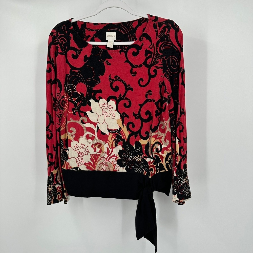 Chicos Womens Art Nouveau Boho Top Size 1 US M Moody Dark Floral Eclectic Indie